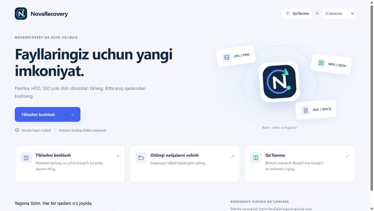 NovaRecovery 0.9.9 interfeysi — ko‘rgazma
